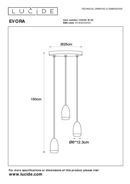 Lucide EVORA - Hanglamp - Ø 25 cm - 3xGU10 - Zwart - technisch